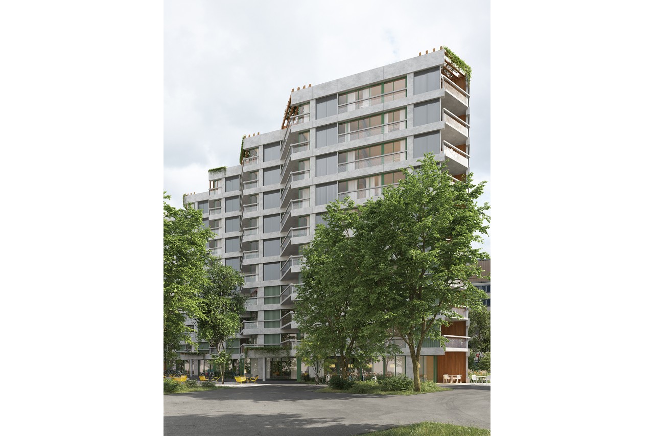 Visualisierung Wohnsiedlung Heidi Abel Siegerprojekt LE PETIT PRINCE ‒ Fassadenansicht mit Innerem Garten (Visualisierung: indievisual)